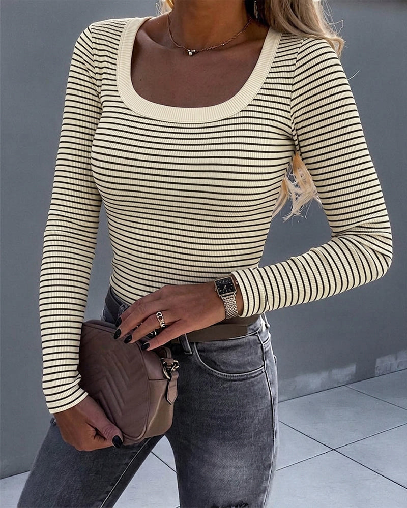 Striped U-Neck Rib-Knit Layering Top with Slim Fit - Apricot