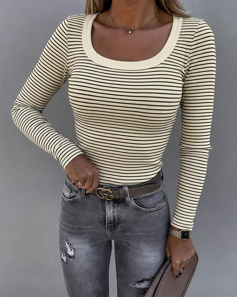 Striped U-Neck Rib-Knit Layering Top with Slim Fit - Apricot