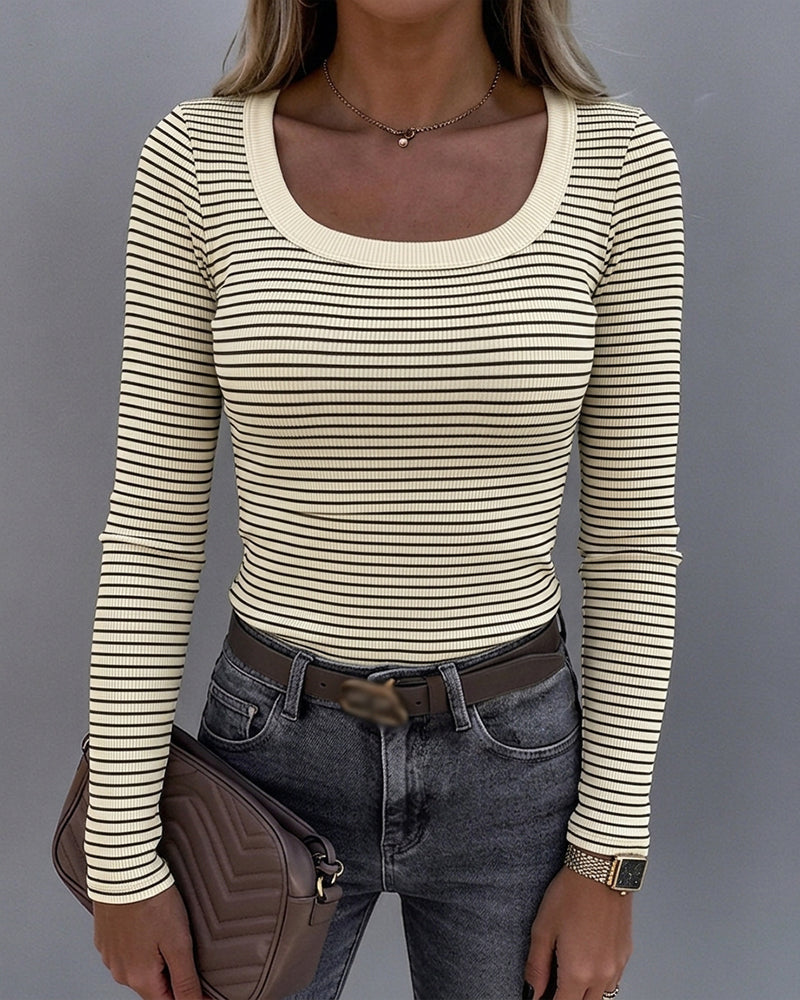 Striped U-Neck Rib-Knit Layering Top with Slim Fit - Apricot