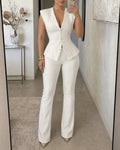 Suede-Look Peplum Vest and Flare Trouser Two-Piece - White