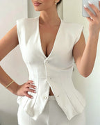 Suede-Look Peplum Vest and Flare Trouser Two-Piece - White