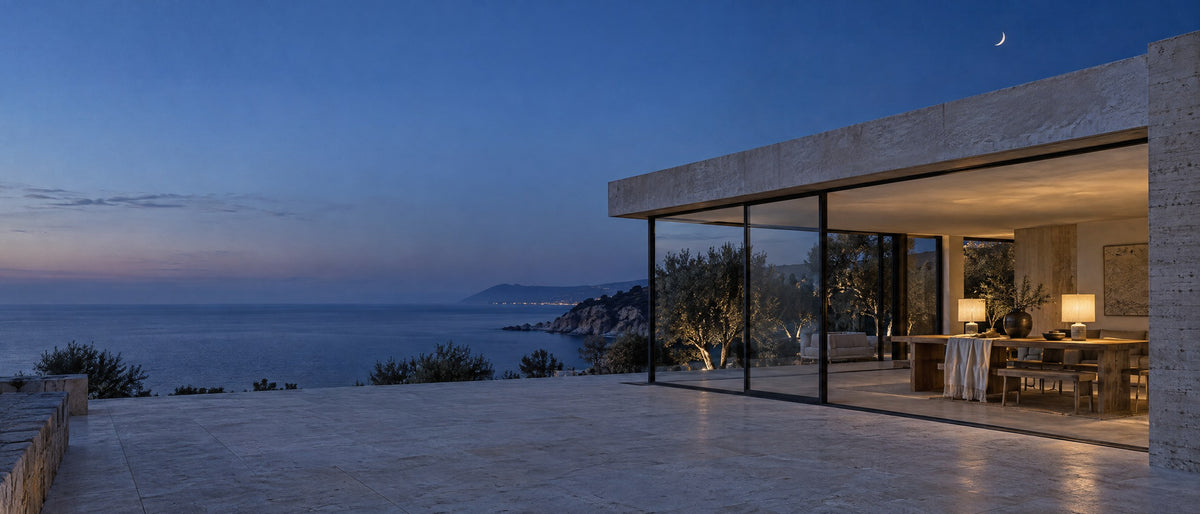 A lamplit glass pavilion on a limestone terrace above the sea at blue hour