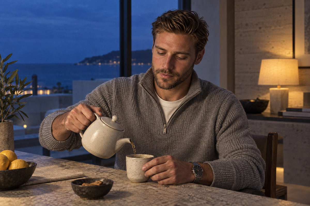 A man in a gray half-zip knit pours tea at a stone table by lamplight