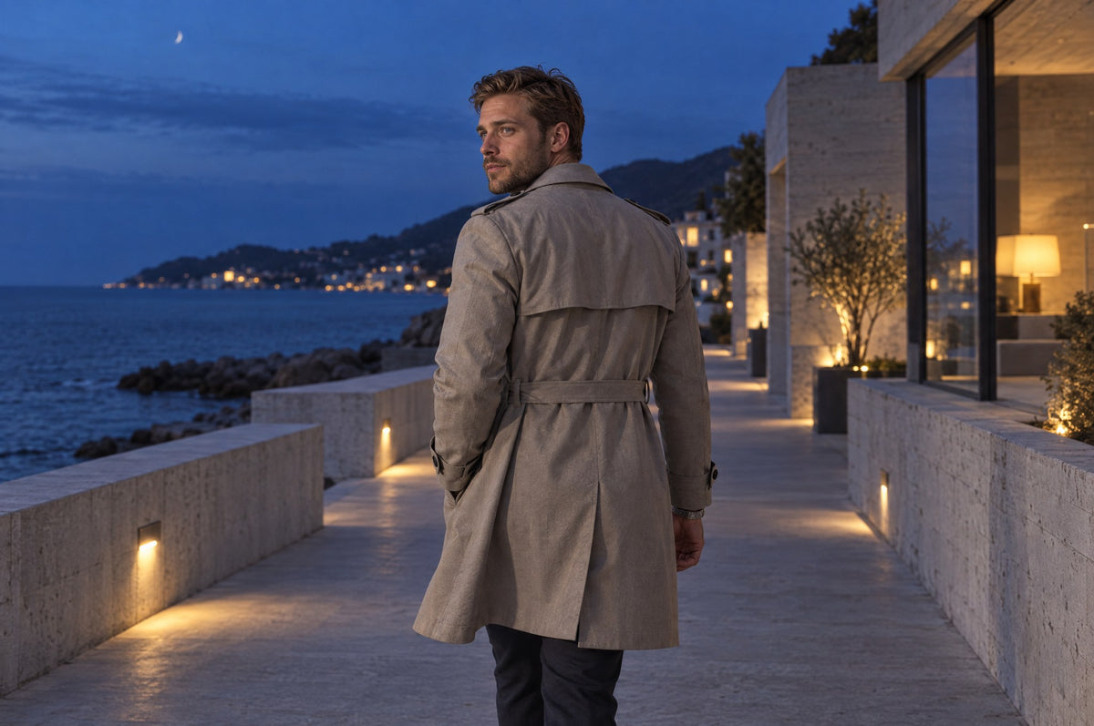 A man in a stone trench coat seen from behind glances back over his shoulder on the promenade
