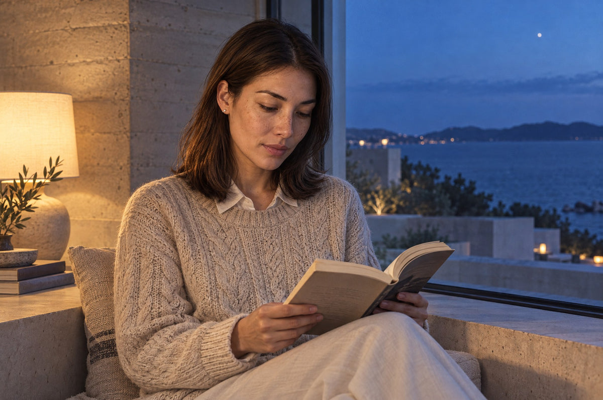 A woman in a soft oatmeal cable knit reads a book by lamplight beside a dark window
