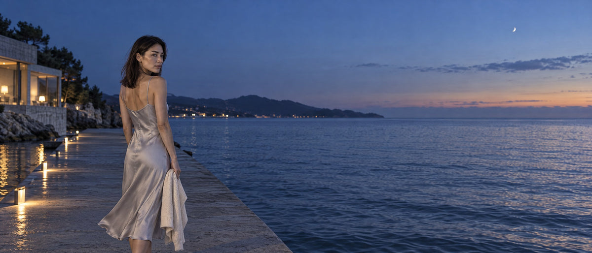 A woman in a long pale dress stands on a concrete pier above a silver sea at blue hour, seen from behind