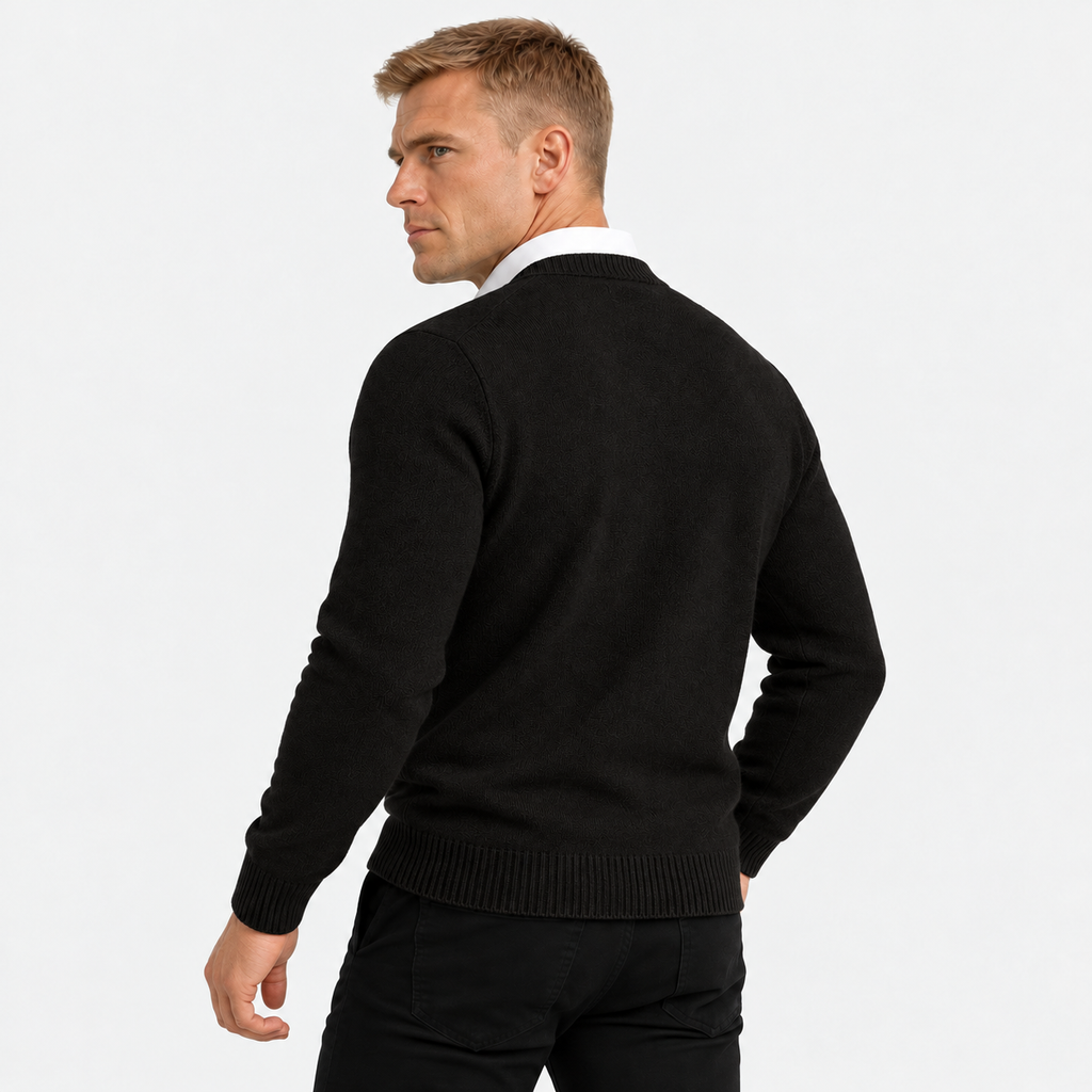 Men's classic button-up cardigan in black, back view on a model