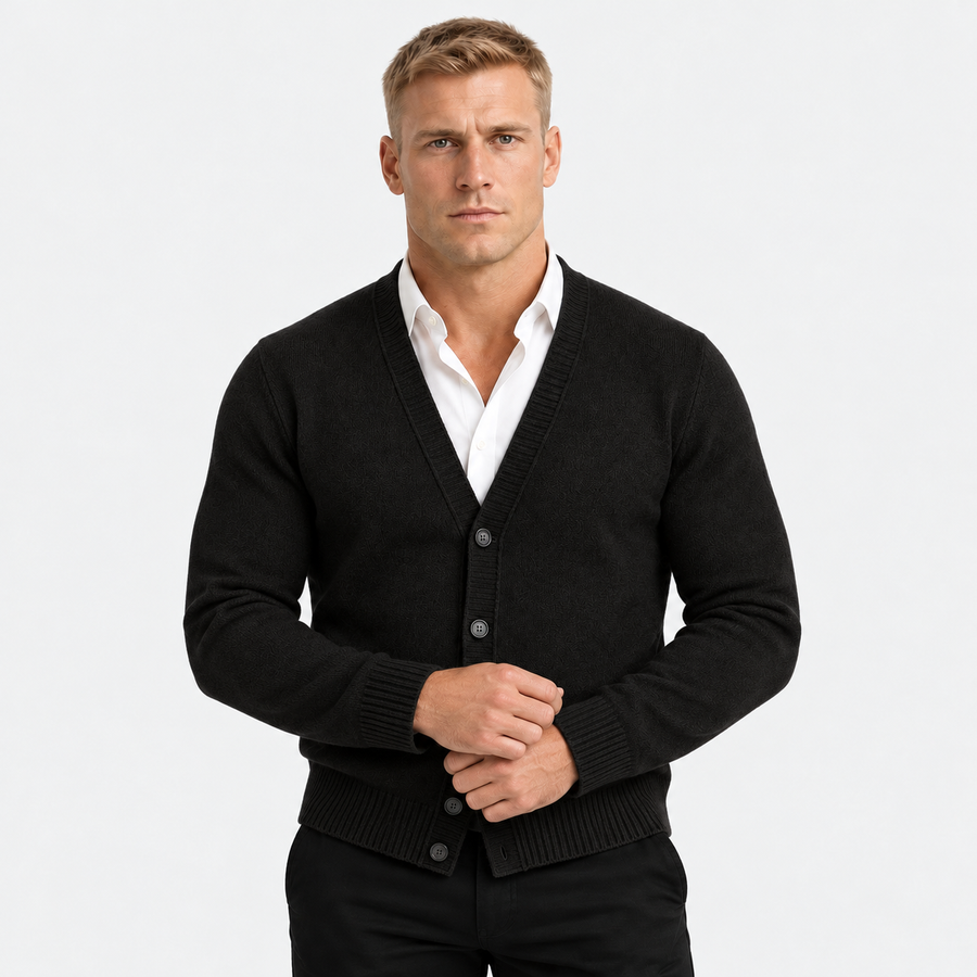 Men's classic button-up cardigan in black, front view on a model