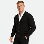 Men's classic button-up cardigan in black, three-quarter view on a model