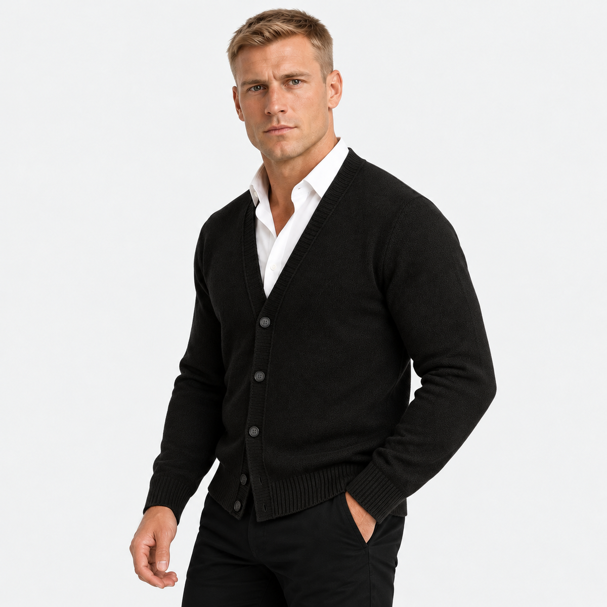 Men's classic button-up cardigan in black, three-quarter view on a model
