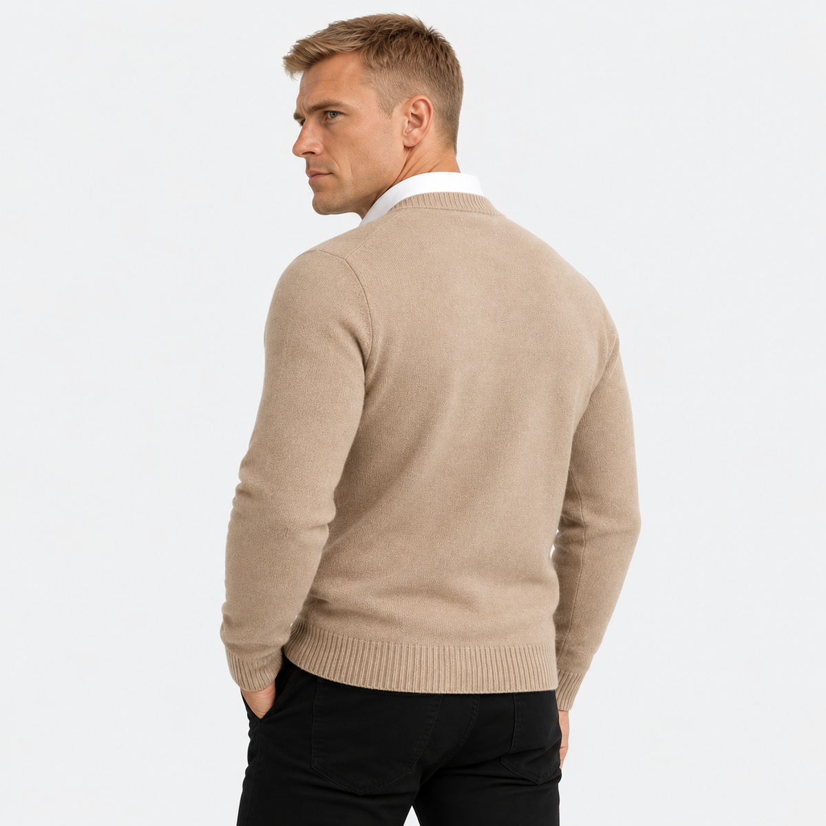 Men's classic button-up cardigan in khaki, back view on a model