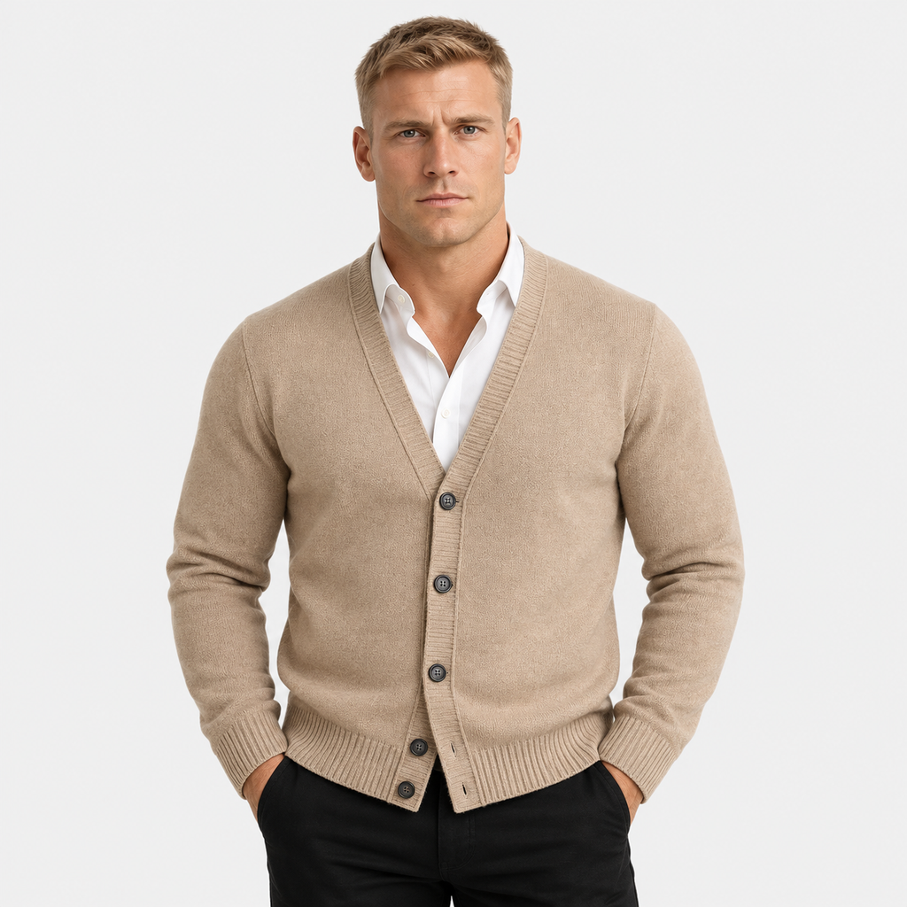 Men's classic button-up cardigan in khaki, front view on a model