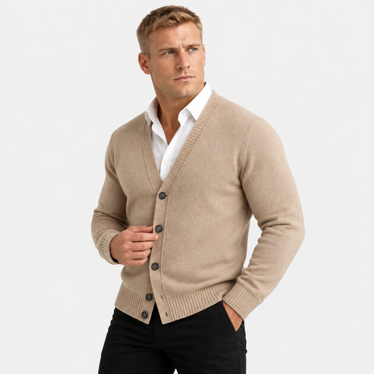 Men's classic button-up cardigan in khaki, three-quarter view on a model