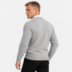 Men's classic button-up cardigan in light grey, back view on a model