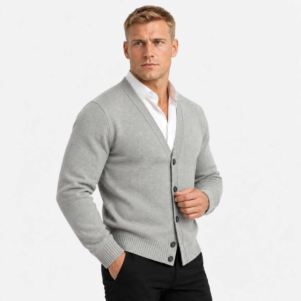 Men's classic button-up cardigan in light grey, three-quarter view on a model