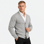 Men's classic button-up cardigan in light grey, three-quarter view on a model