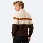 Men's half-zip color block knit sweater in cream and dark brown, back view on a model