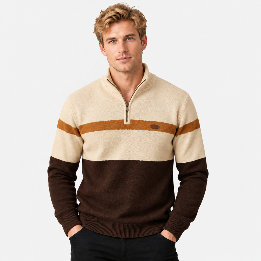 Men's half-zip color block knit sweater in cream and dark brown, front view on a model
