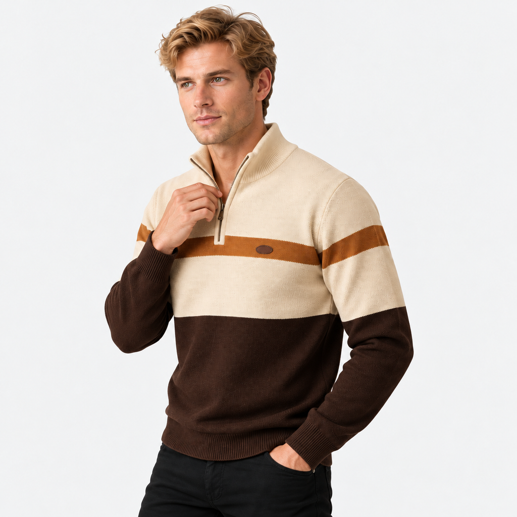 Men's half-zip color block knit sweater in cream and dark brown, three-quarter view on a model