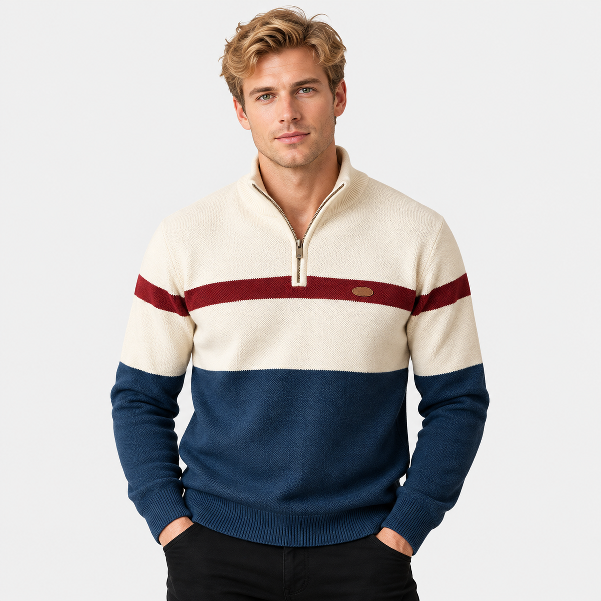 Men's half-zip color block knit sweater in cream and navy, front view on a model