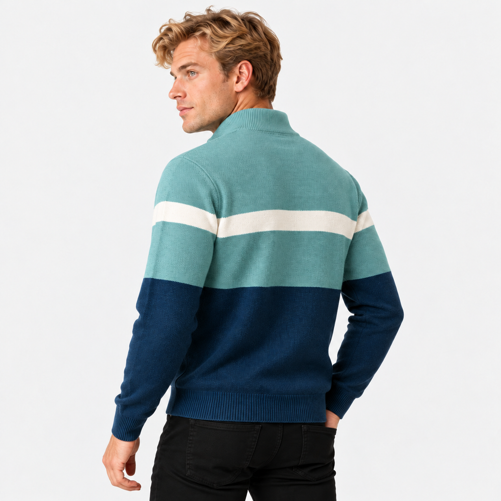 Men's half-zip color block knit sweater in green and navy, back view on a model