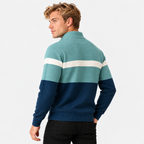 Men's half-zip color block knit sweater in green and navy, back view on a model