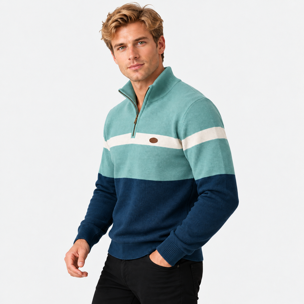 Men's half-zip color block knit sweater in green and navy, three-quarter view on a model