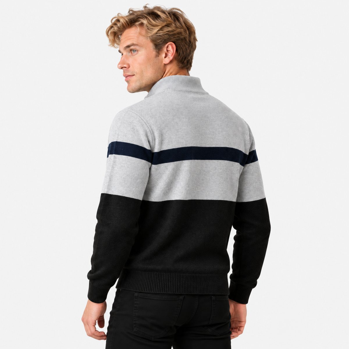 Men's half-zip color block knit sweater in grey and black, back view on a model