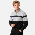 Men's half-zip color block knit sweater in grey and black, three-quarter view on a model