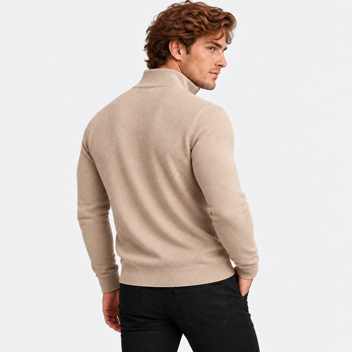 Men's half-zip knit sweater with ribbed funnel neck in beige, back view on a model