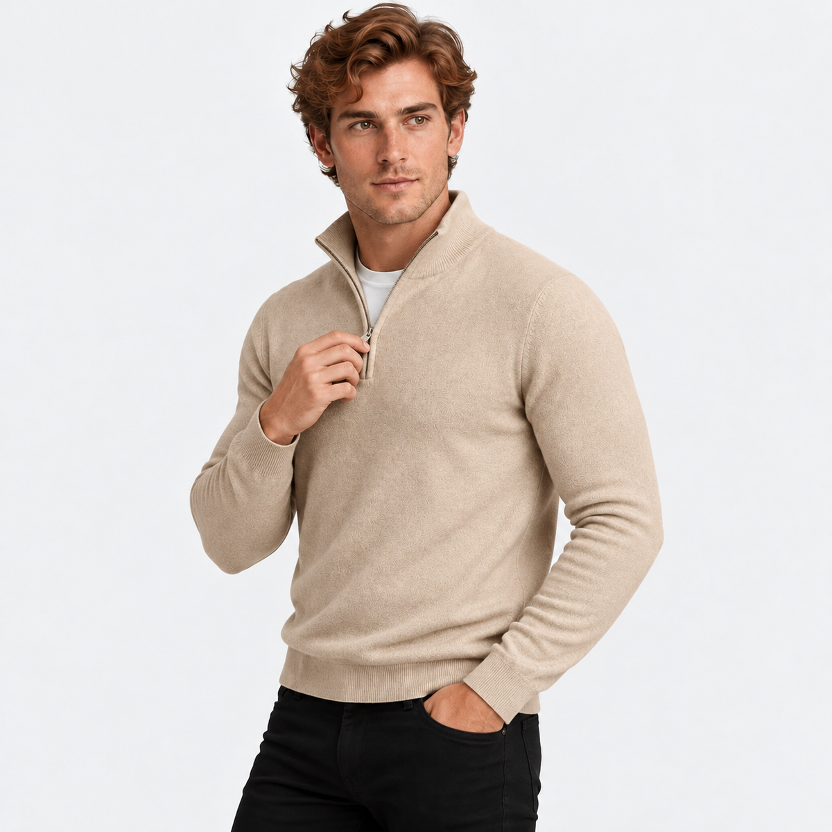 Men's half-zip knit sweater with ribbed funnel neck in beige, three-quarter view on a model