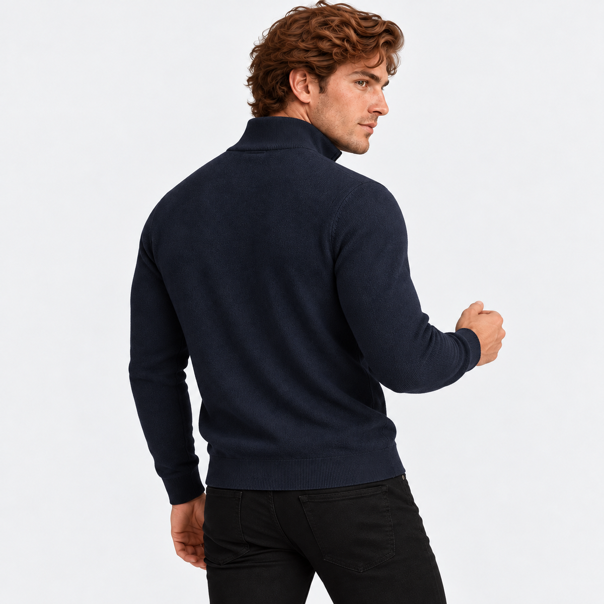 Men's half-zip knit sweater with ribbed funnel neck in black, back view on a model