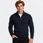 Men's half-zip knit sweater with ribbed funnel neck in black, front view on a model