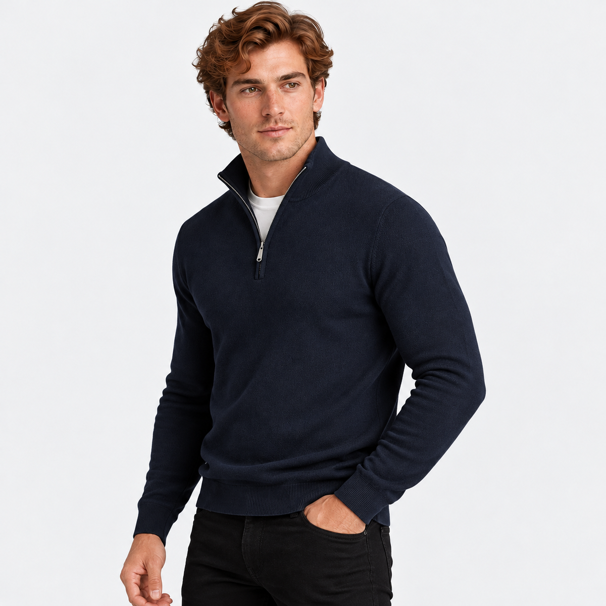Men's half-zip knit sweater with ribbed funnel neck in black, three-quarter view on a model