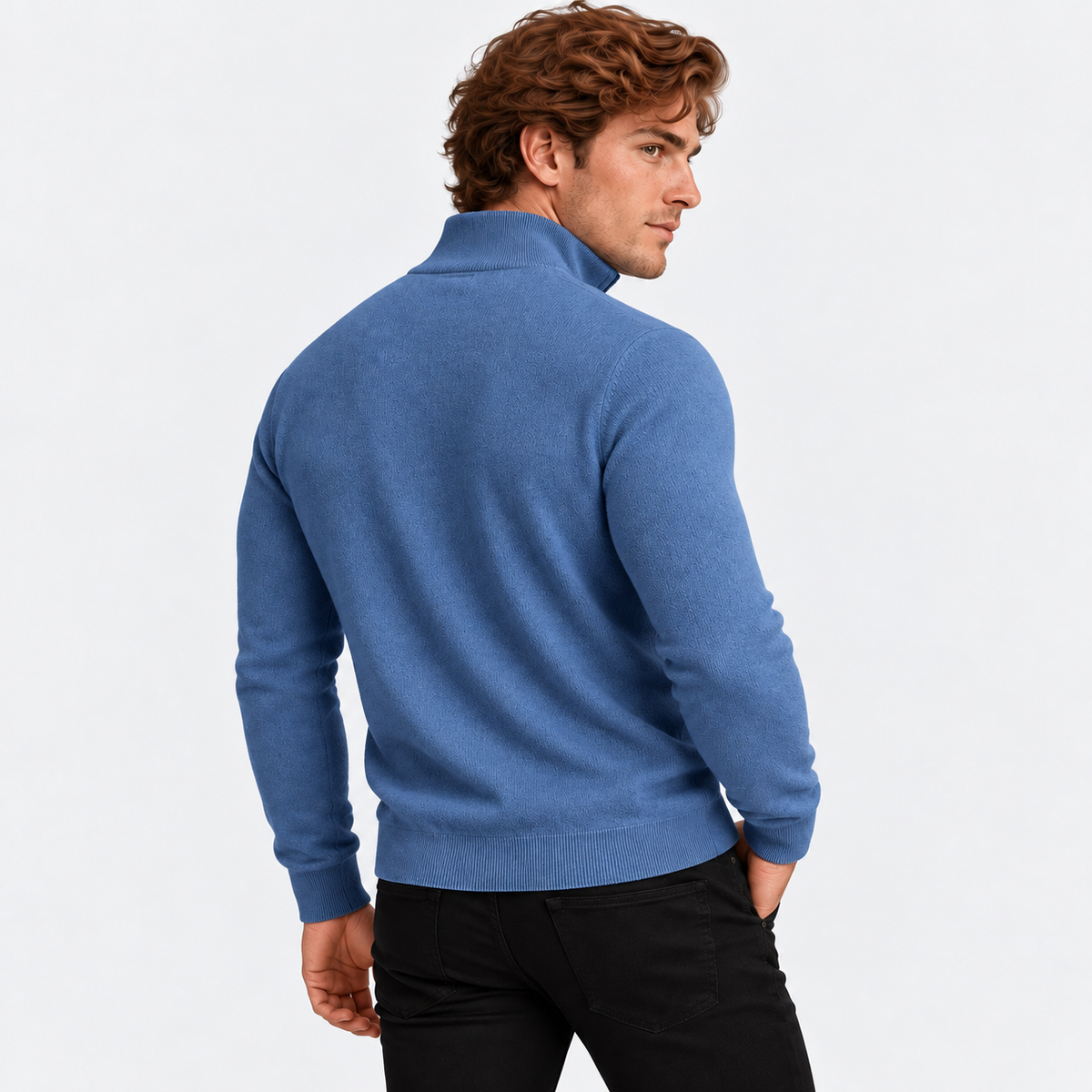 Men's half-zip knit sweater with ribbed funnel neck in blue, back view on a model