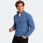 Men's half-zip knit sweater with ribbed funnel neck in blue, three-quarter view on a model