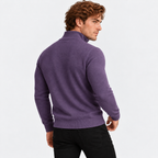Men's half-zip knit sweater with ribbed funnel neck in dark purple, back view on a model