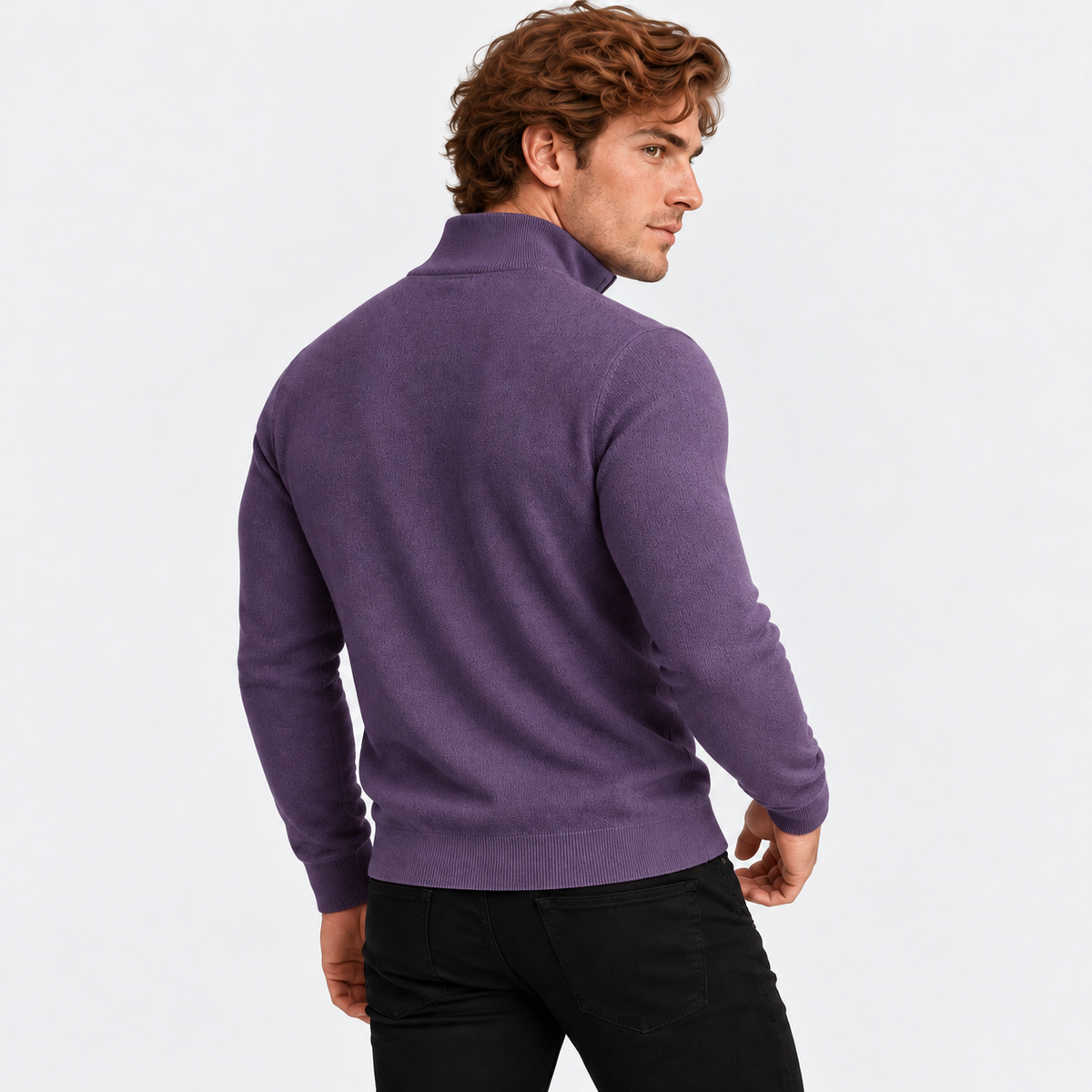 Men's half-zip knit sweater with ribbed funnel neck in dark purple, back view on a model