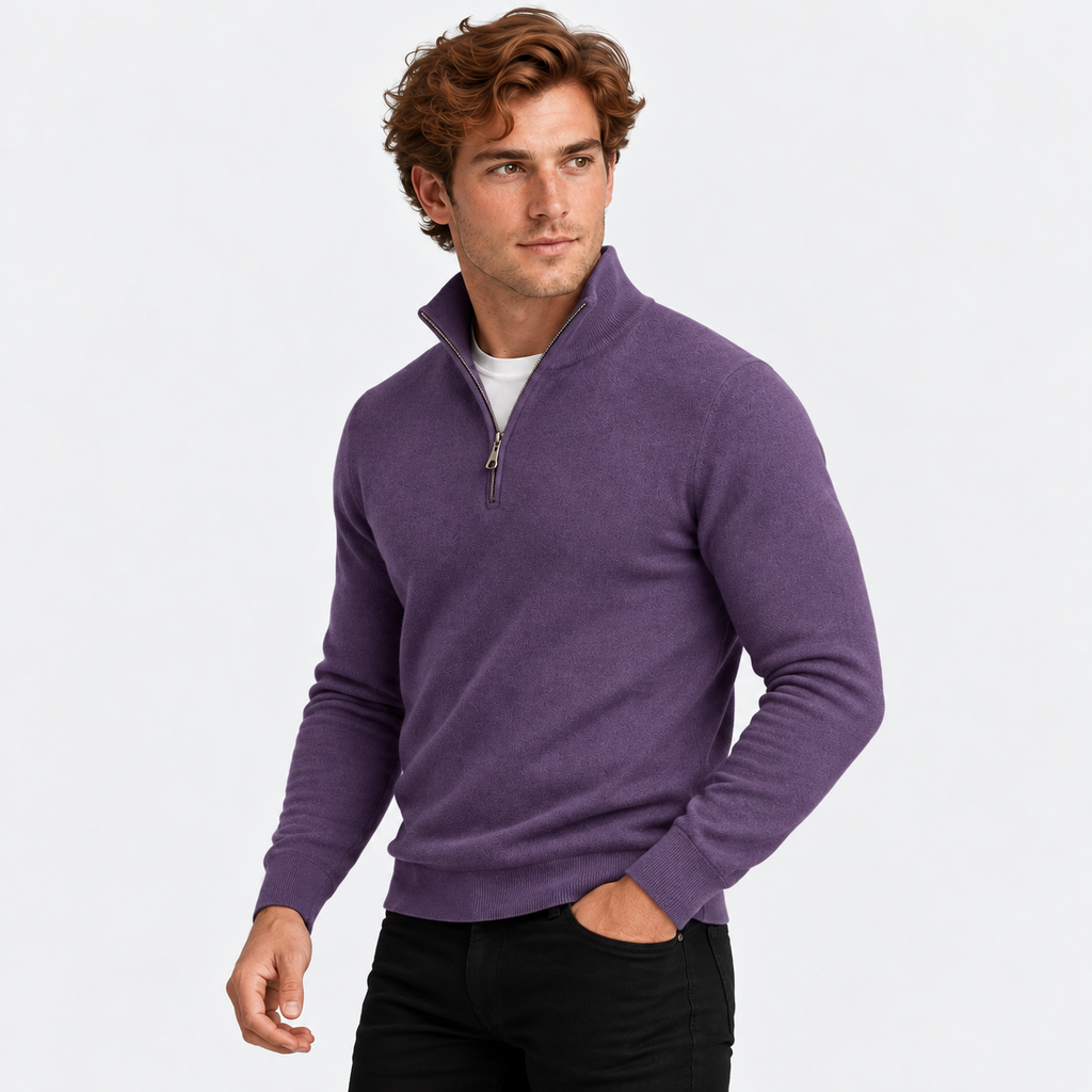 Men's half-zip knit sweater with ribbed funnel neck in dark purple, three-quarter view on a model