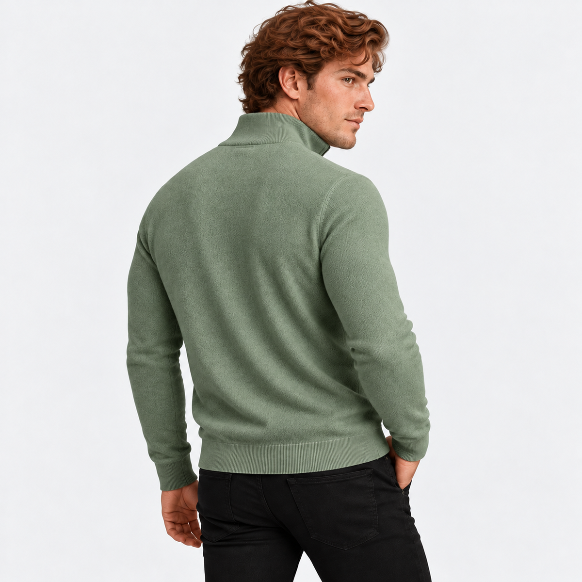 Men's half-zip knit sweater with ribbed funnel neck in green, back view on a model
