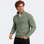 Men's half-zip knit sweater with ribbed funnel neck in green, three-quarter view on a model