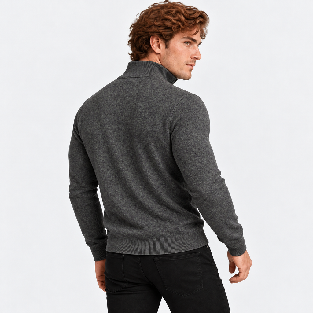 Men's half-zip knit sweater with ribbed funnel neck in grey, back view on a model