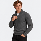 Men's half-zip knit sweater with ribbed funnel neck in grey, three-quarter view on a model