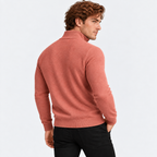 Men's half-zip knit sweater with ribbed funnel neck in pink, back view on a model