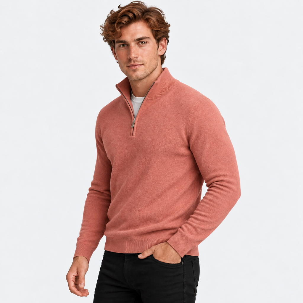 Men's half-zip knit sweater with ribbed funnel neck in pink, three-quarter view on a model