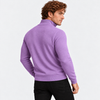 Men's half-zip knit sweater with ribbed funnel neck in purple, back view on a model