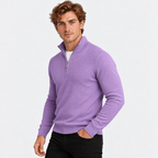 Men's half-zip knit sweater with ribbed funnel neck in purple, three-quarter view on a model