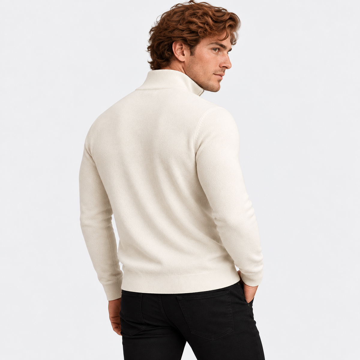 Men's half-zip knit sweater with ribbed funnel neck in white, back view on a model