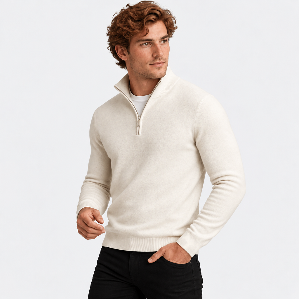 Men's half-zip knit sweater with ribbed funnel neck in white, three-quarter view on a model