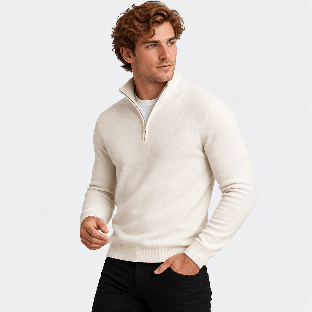 Men's half-zip knit sweater with ribbed funnel neck in white, three-quarter view on a model
